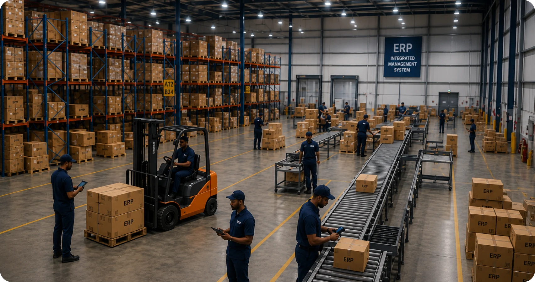 Entrepôt équipé d'ERPNext : rayonnages, chariot élévateur et convoyeur